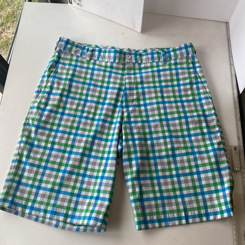Nike Dri Fit Golf Shorts Vibrant Blue/Green/White colored Check Mens Sz.35 EUC - Picture 3 of 9